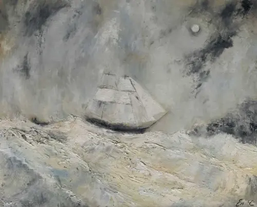 Seascape Painting For Sale - Homeward Under The Moonlit Sky - original seascape oil painting with Ship by Emily McCormack