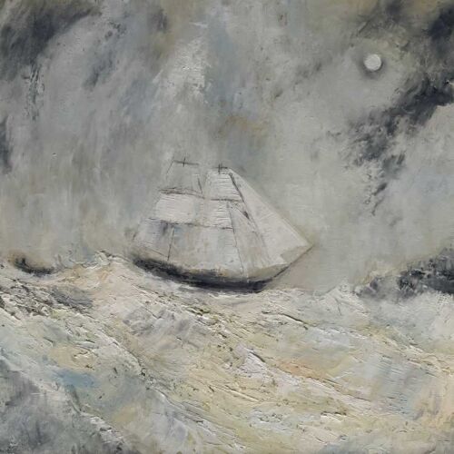 Seascape Painting For Sale - Homeward Under The Moonlit Sky - original seascape oil painting with Ship