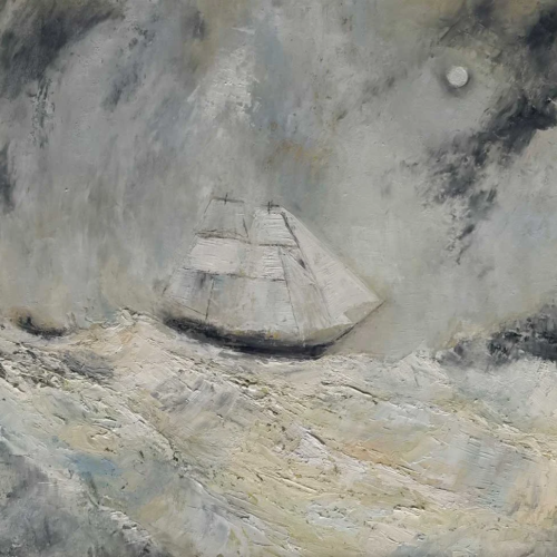 Seascape Painting For Sale - Homeward Under The Moonlit Sky - original seascape oil painting with Ship