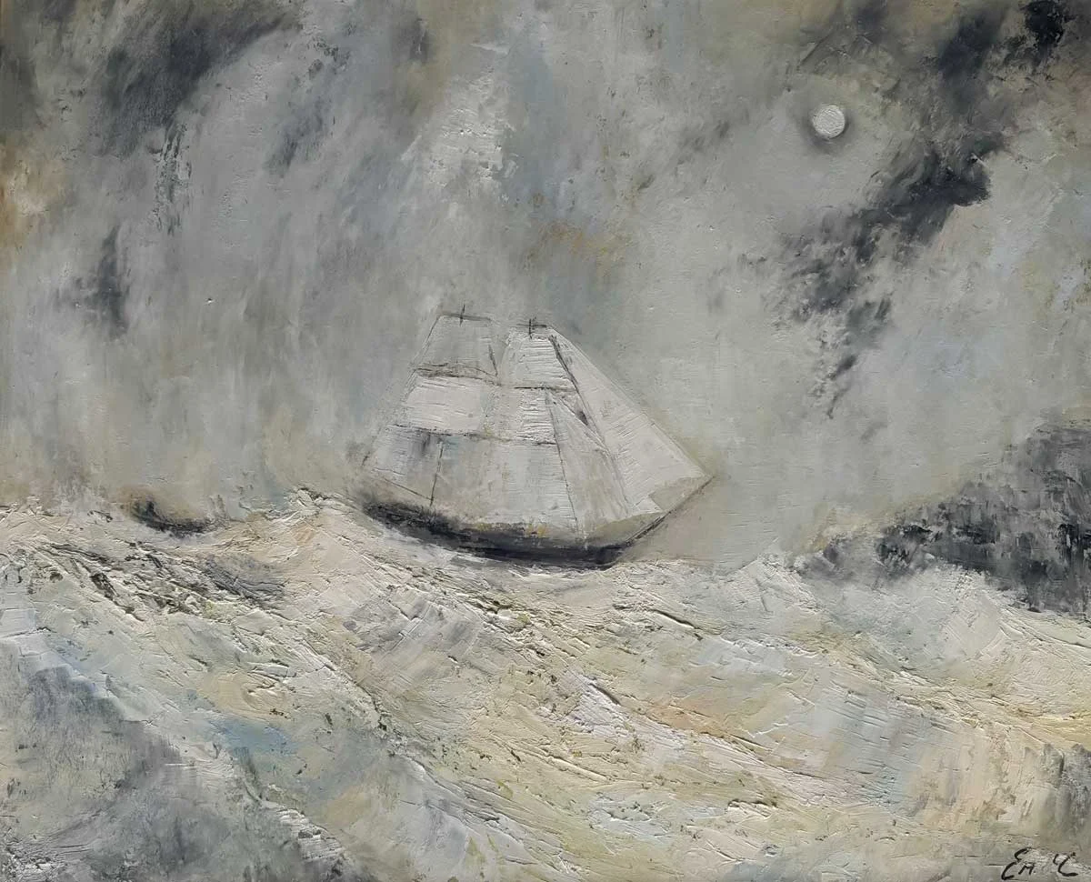 Seascape Painting For Sale - Homeward Under The Moonlit Sky - original seascape oil painting with Ship by Emily McCormack