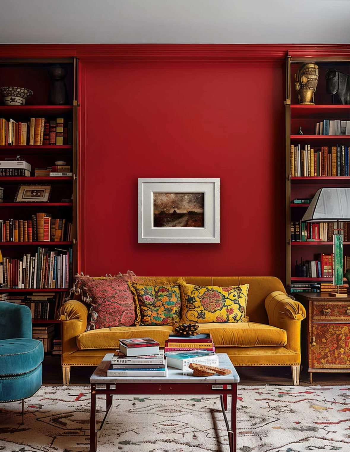 warm living room with rich red walls, terracotta furnishing. Wall has original Irish Galway blog painting in rich autumnal colours. - by Emily McCormack