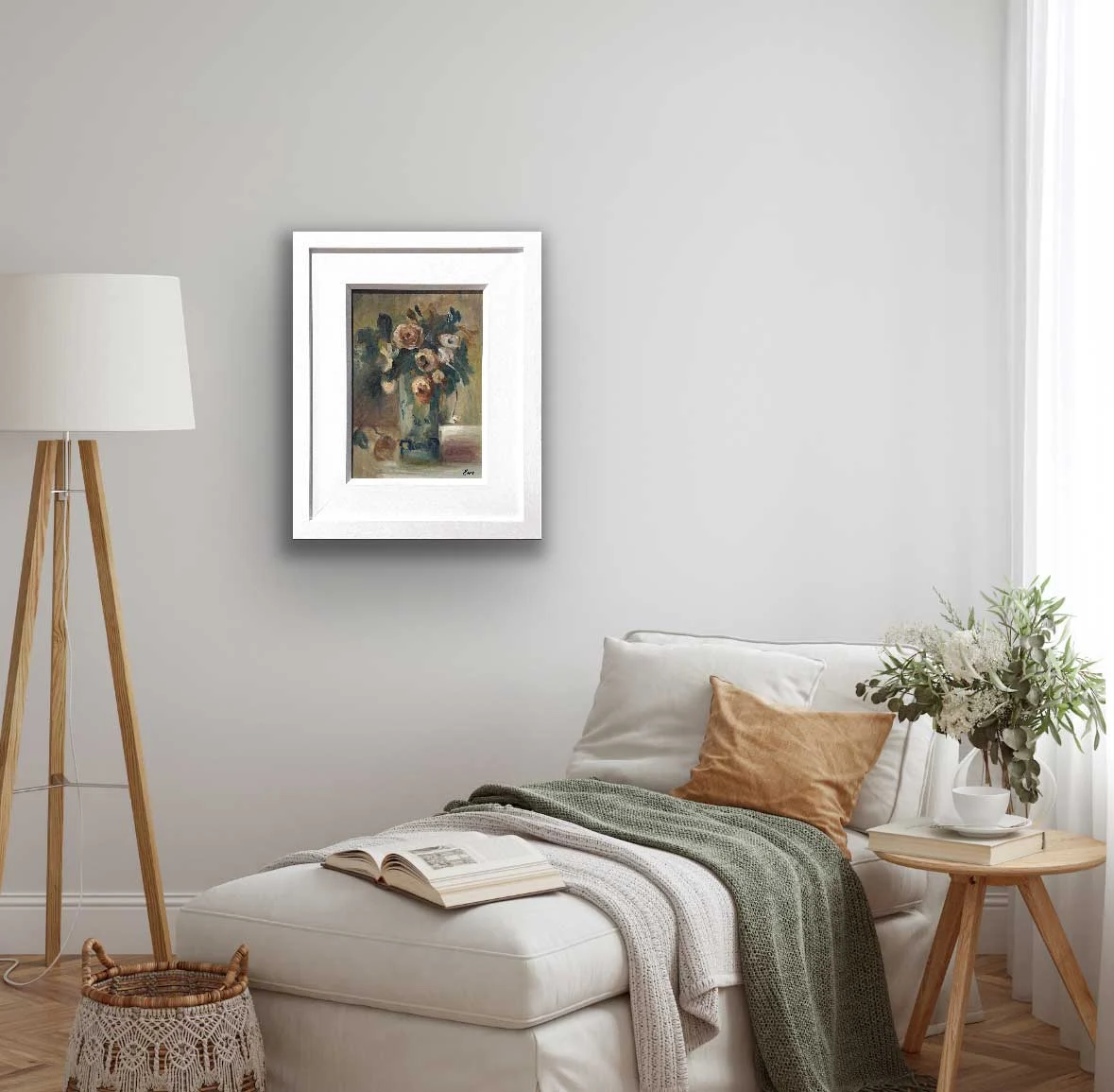 warm, cosy, earthy bedroom for autumn floral artwork by Emily McCormack