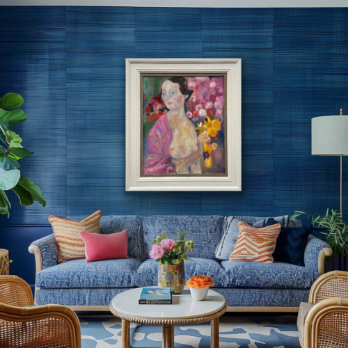 Contemplation after Klimt figurative painting on a blue wall