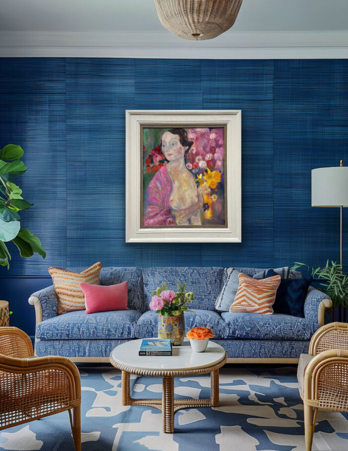 Contemplation after Klimt figurative painting on a blue wall