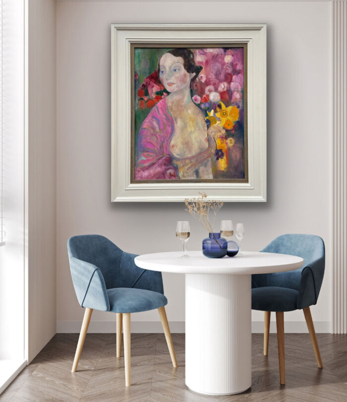 Contemplation after Klimt - figurative painting shown in a dining room