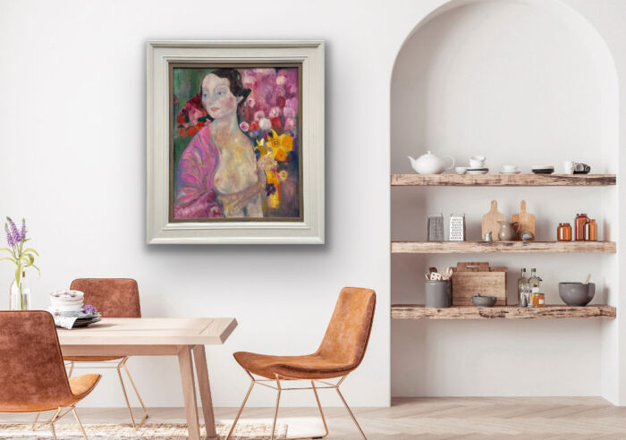 Contemplation after Klimt figurative painting on wall in a kitchen setting