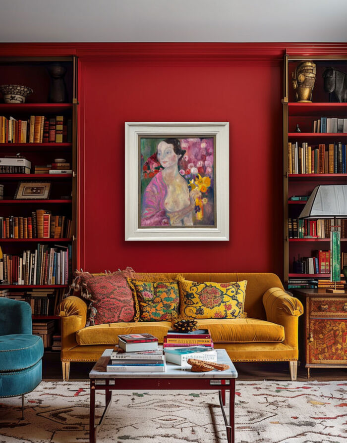 Contemplation after Klimt figurative painting on wall in a warm and cosy lounge