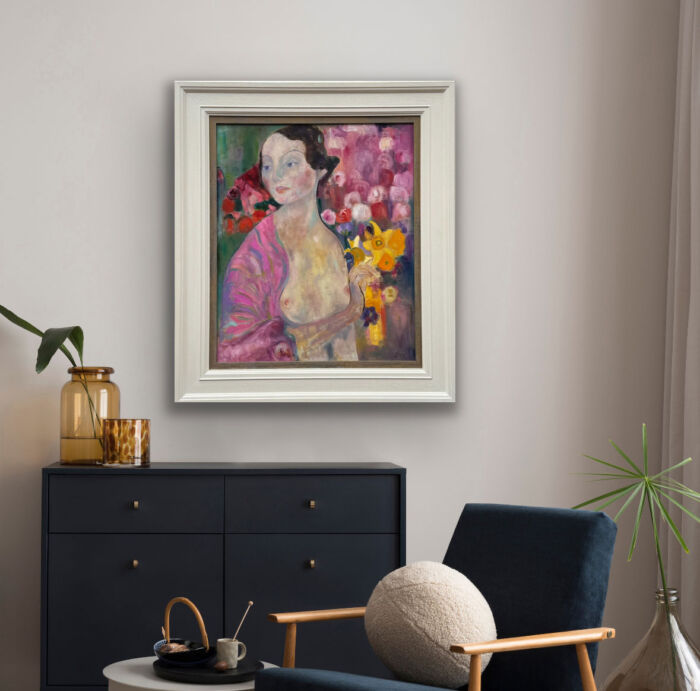 Contemplation after Klimt figurative painting on wall over a sideboard