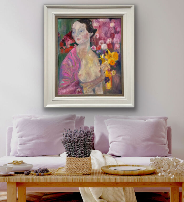 Contemplation after Klimt - figurative painting shown in a room with pink accents