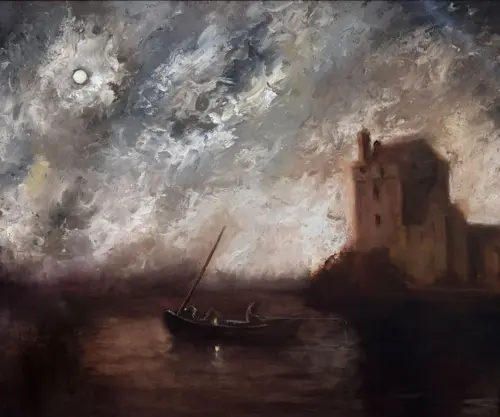 Fishing in the Moonlit Waters of Galway Bay and Dunguaire Castle - Original Irish Oil Painting by Emily McCormack