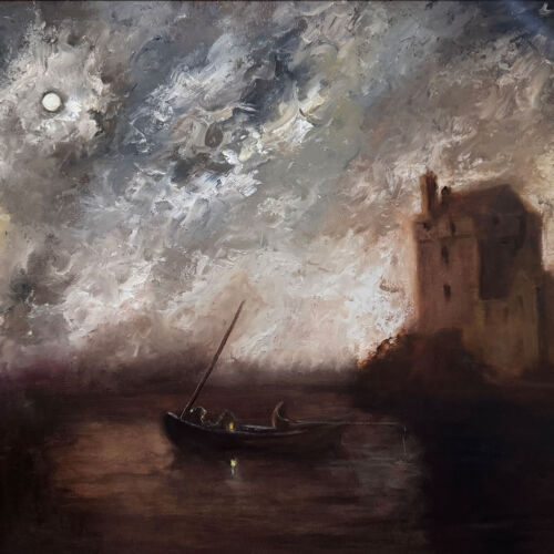 Fishing in the Moonlit Waters of Galway Bay and Dunguaire Castle - Original Irish Oil Painting
