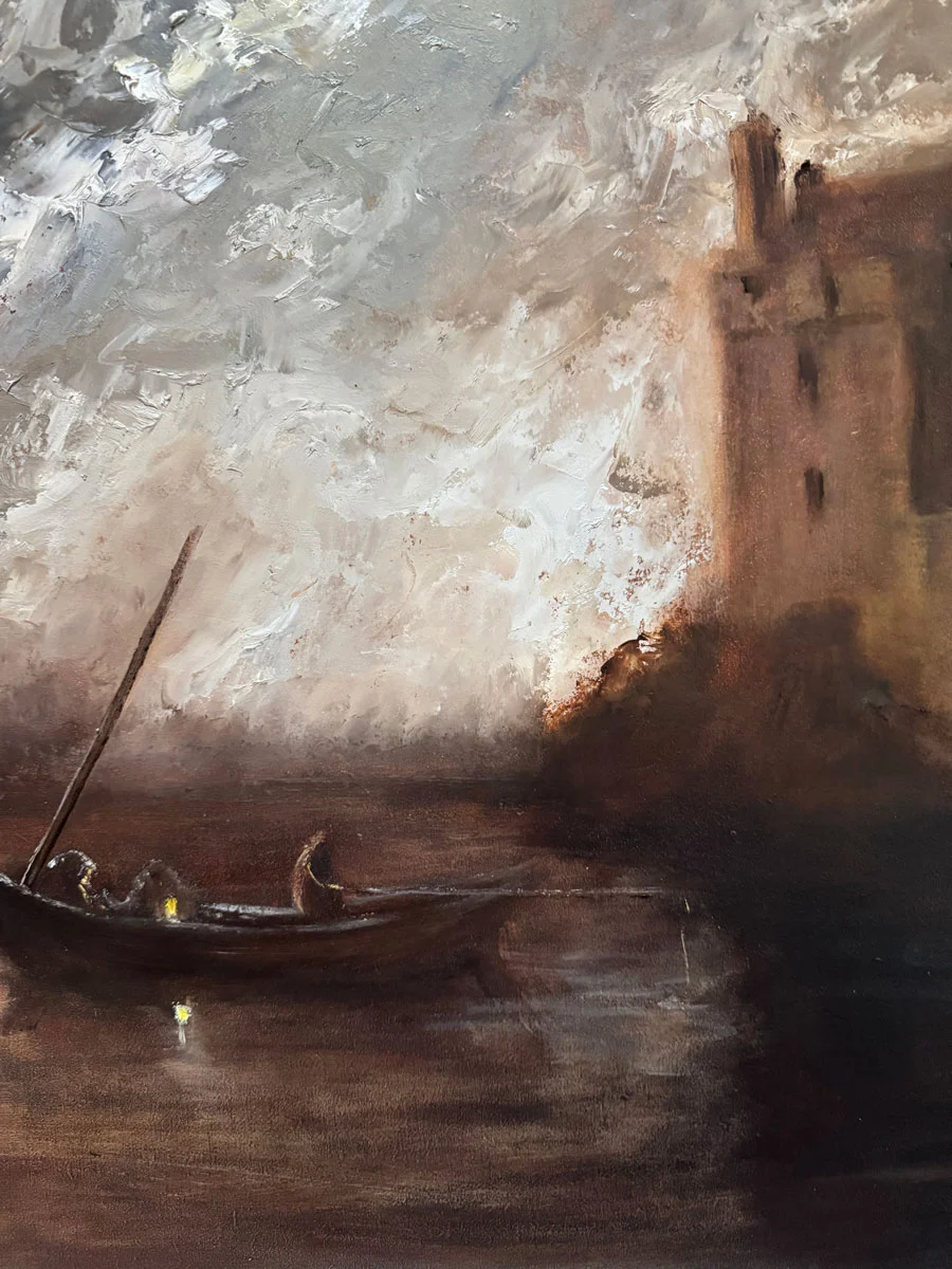 Fishing in the Moonlit Waters of Galway Bay and Dunguaire Castle - Original Irish Oil Painting by Emily McCormack
