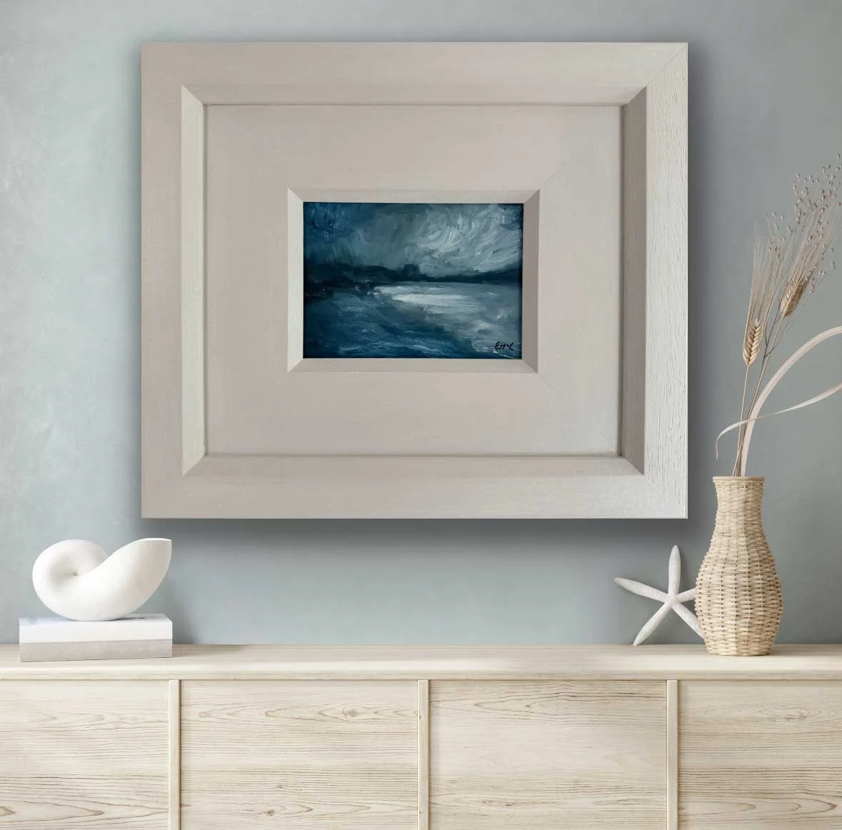 Clouds Rolling In North Co. Dublin - seascape painting shown over sideboard - Painting by Irish artist Emily McCormack