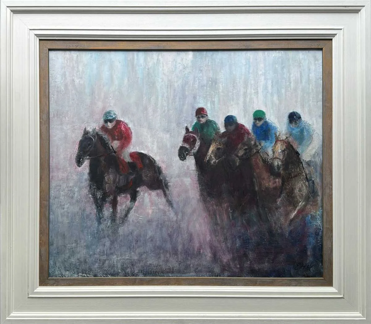 Horse Riders Soft Irish Morn - Equine Oil Painting in Frame - Painting by Irish artist Emily McCormack