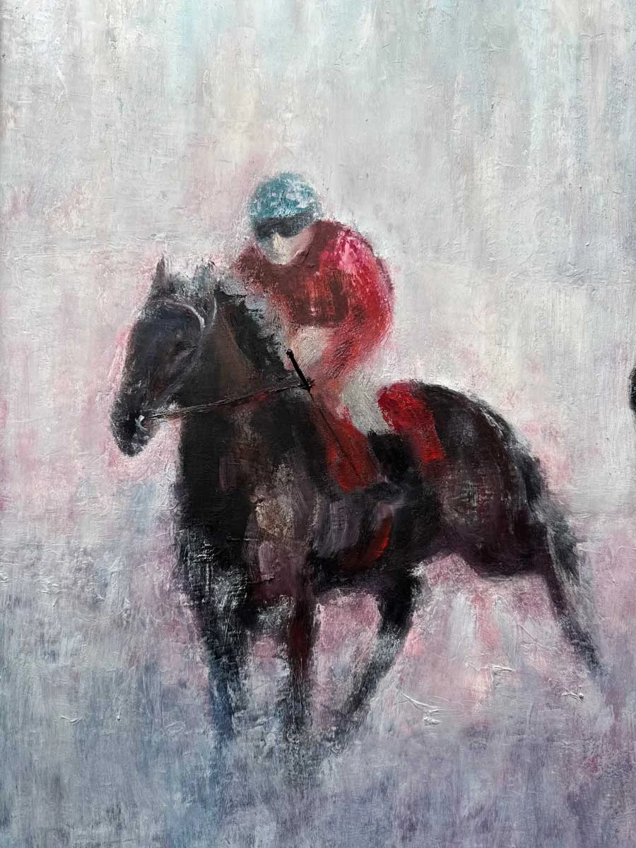 Horse Riders Soft Irish Morn - Equine Oil Painting - Painting by Irish artist Emily McCormack
