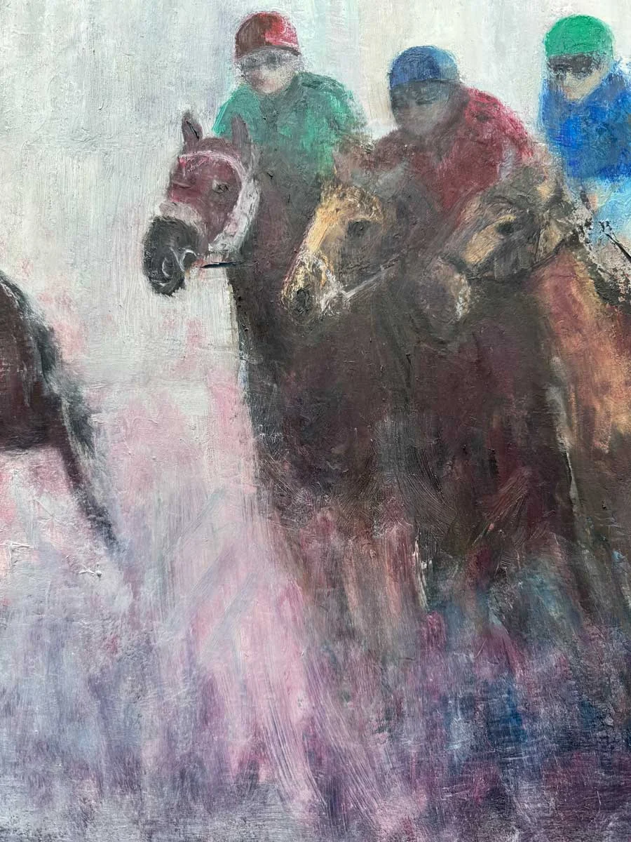 Horse Riders Soft Irish Morn - Equine Oil Painting - Painting by Irish artist Emily McCormack