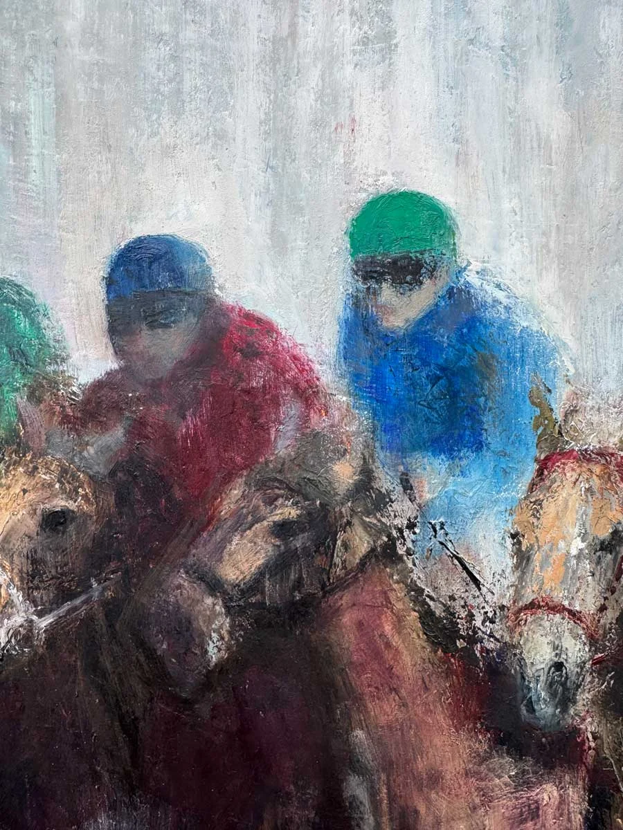 Horse Riders Soft Irish Morn - Equine Oil Painting - Painting by Irish artist Emily McCormack