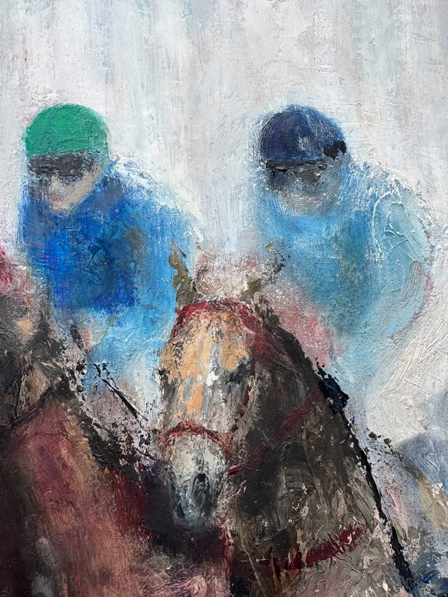 Horse Riders Soft Irish Morn - Equine Oil Painting - Painting by Irish artist Emily McCormack