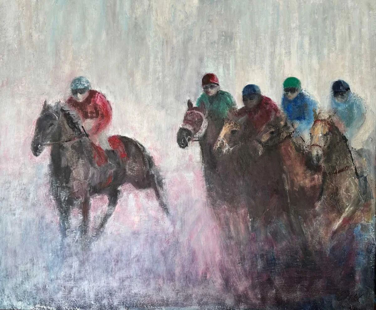 Horse Riders Soft Irish Morn - Equine Oil Painting - Painting by Irish artist Emily McCormack