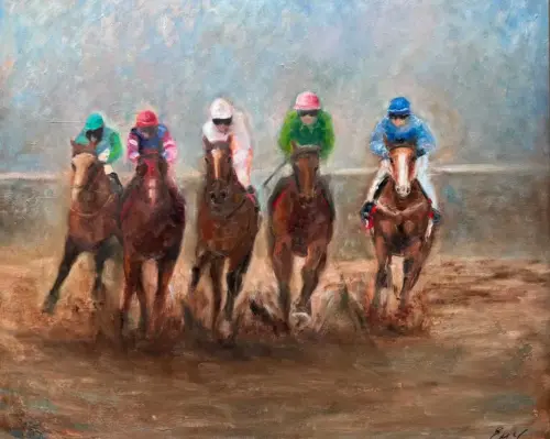 Horse Riders "And They Are Turning The Corner" - Equine Original Oil Painting - Painting by Irish artist Emily McCormack