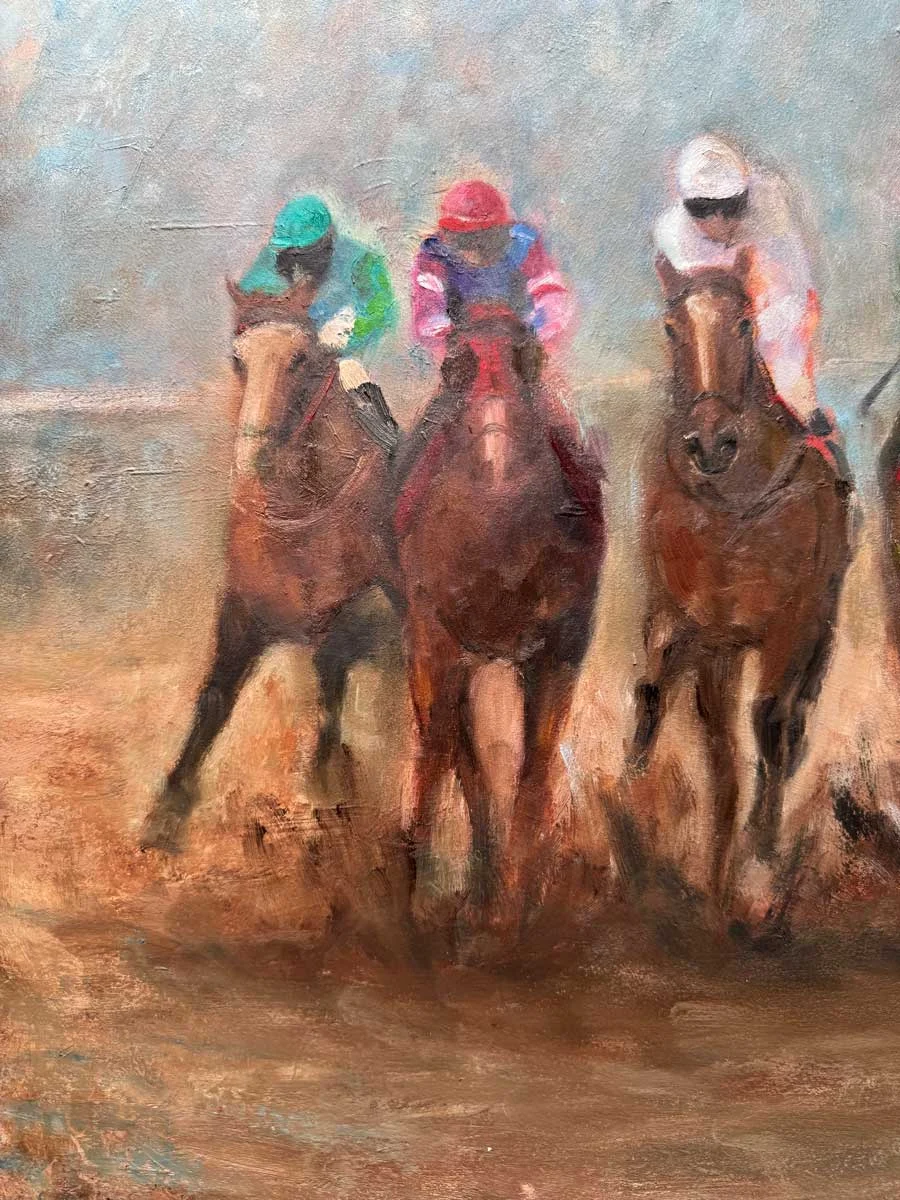 Horse Riders "And They Are Turning The Corner" - Equine Original Oil Painting - Painting by Irish artist Emily McCormack
