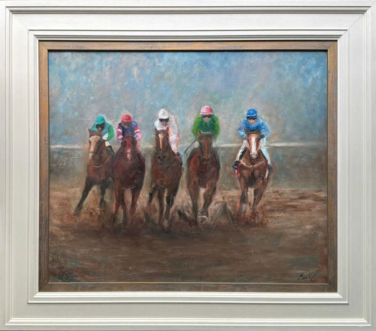 Horse Riders "And They Are Turning The Corner" - Equine Original Oil Painting in Frame - Painting by Irish artist Emily McCormack