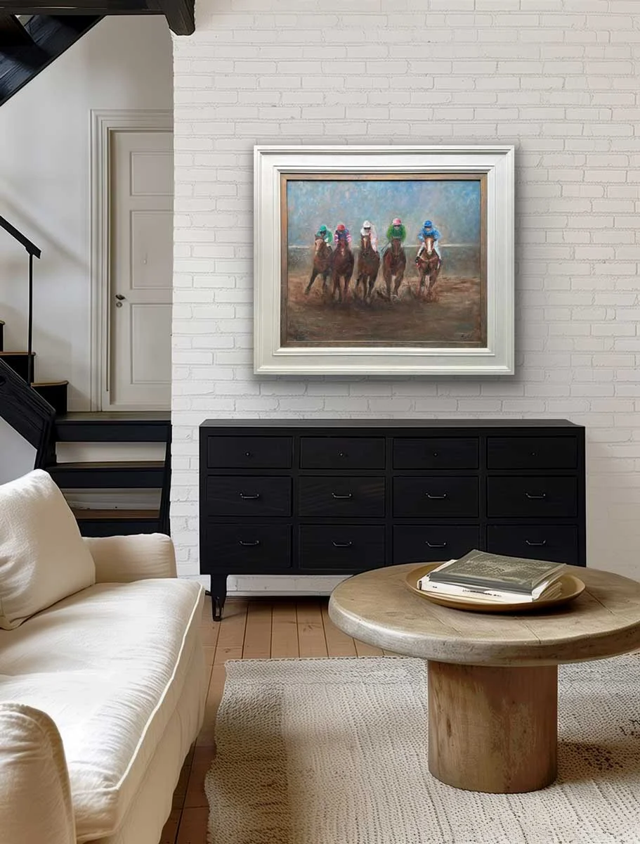 Horse Riders "And They Are Turning The Corner" - Equine Original Oil Painting - Painting by Irish artist Emily McCormack