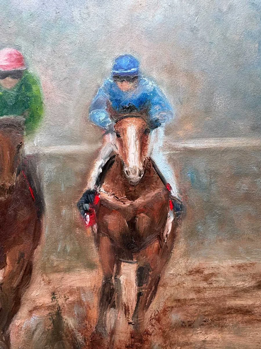 Horse Riders "And They Are Turning The Corner" - Equine Original Oil Painting - Painting by Irish artist Emily McCormack