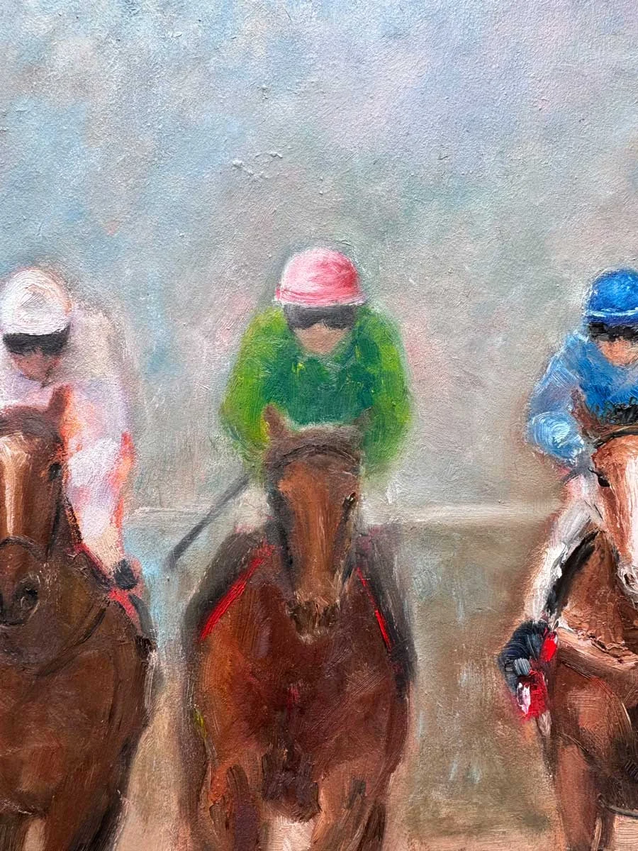 Horse Riders "And They Are Turning The Corner" - Equine Original Oil Painting - Painting by Irish artist Emily McCormack