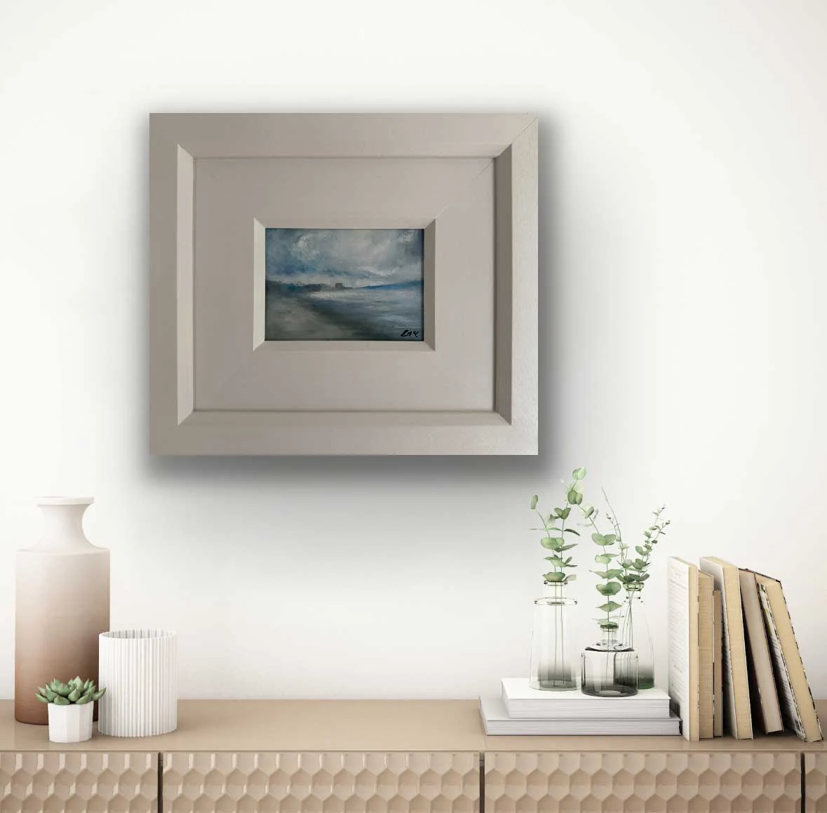A Soft Day North Dublin - Original Seascape Painting shown with neutral decor - Painting by Irish artist Emily McCormack