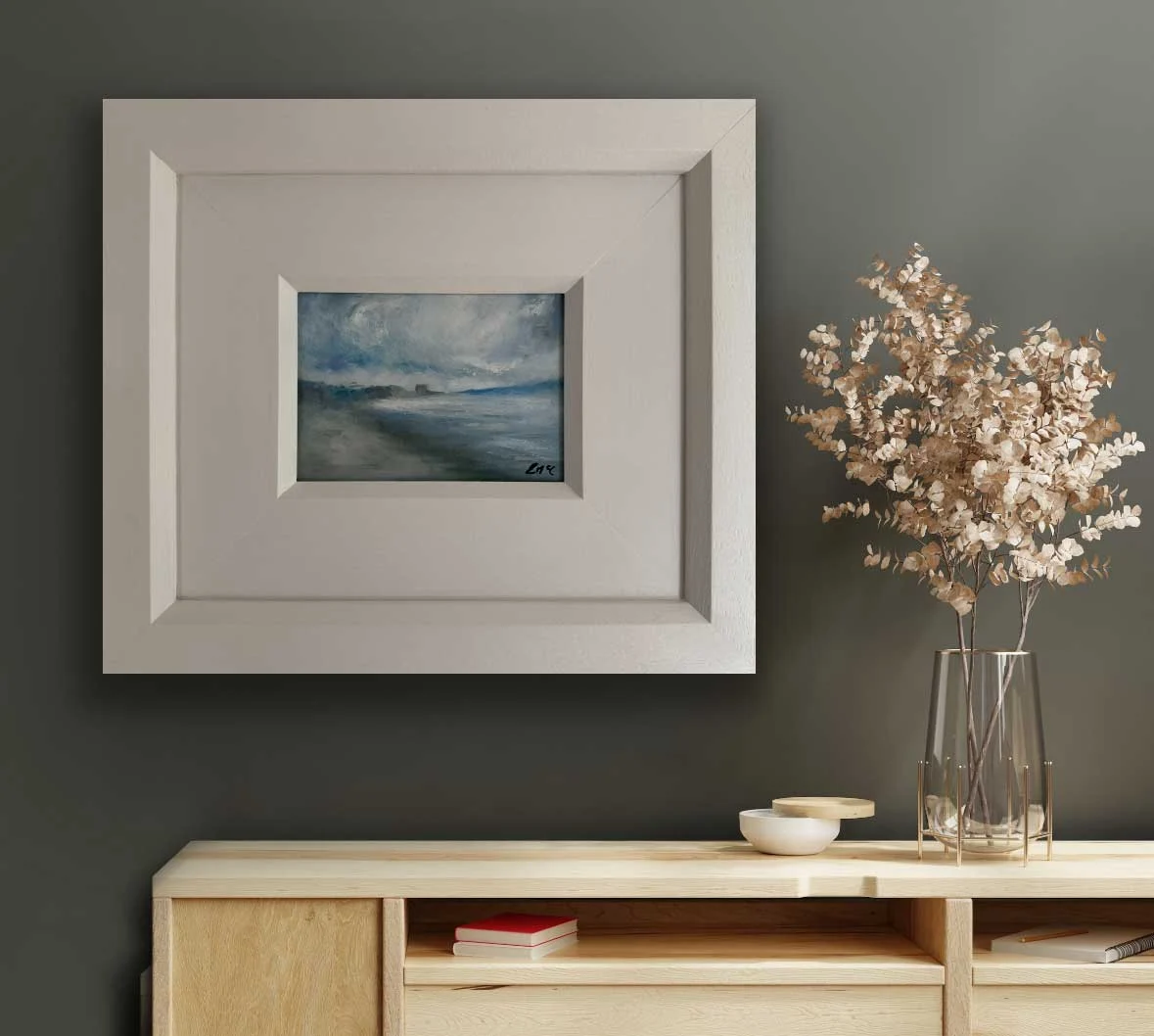 A Soft Day North Dublin - Original Seascape Painting shown with green/grey wall - Painting by Irish artist Emily McCormack