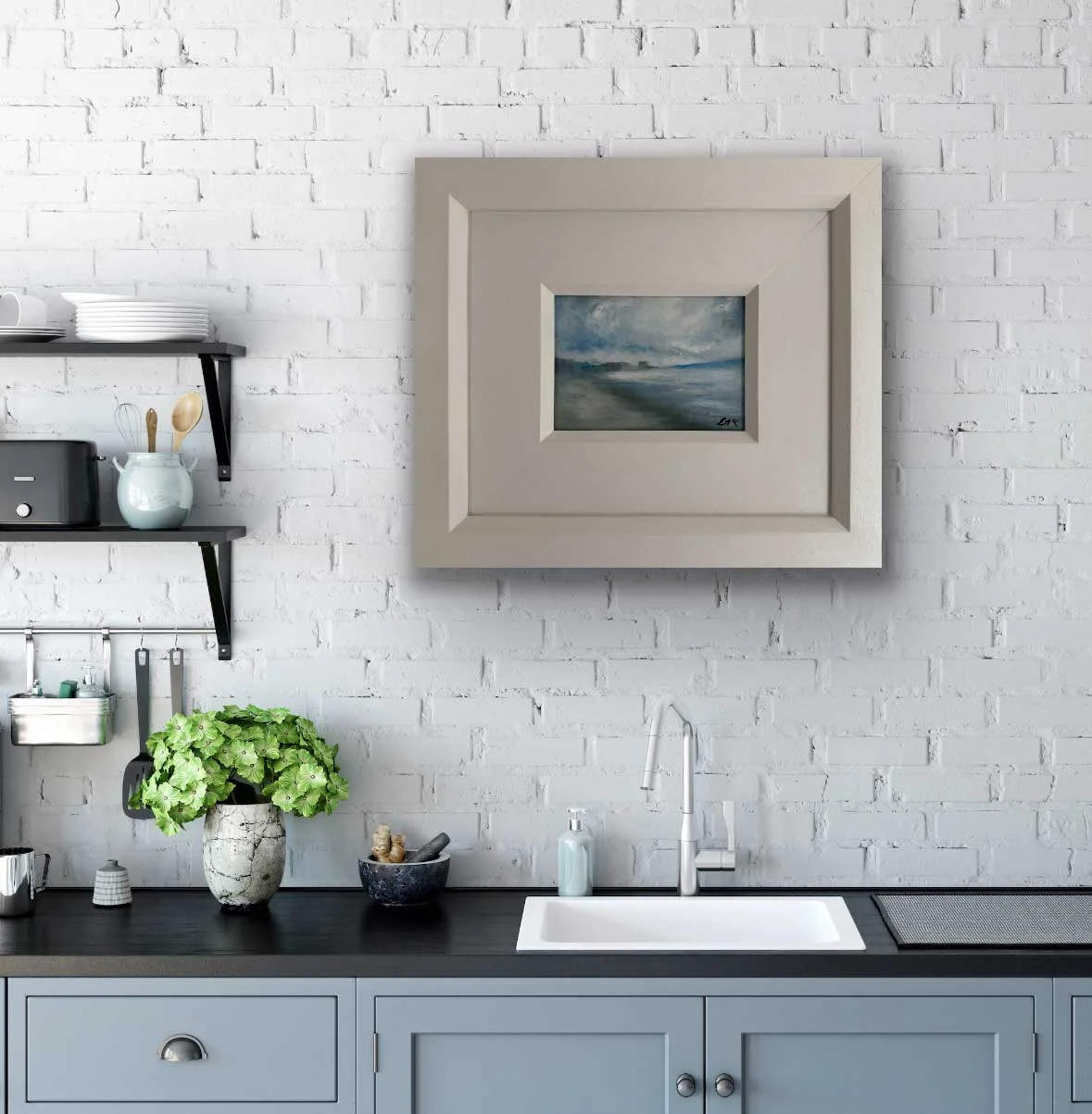 A Soft Day North Dublin - Original Seascape Painting shown on a kitchen wall - Painting by Irish artist Emily McCormack