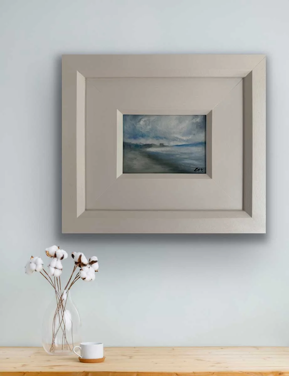 A Soft Day North Dublin - Original Seascape Painting shown on a wall - Painting by Irish artist Emily McCormack