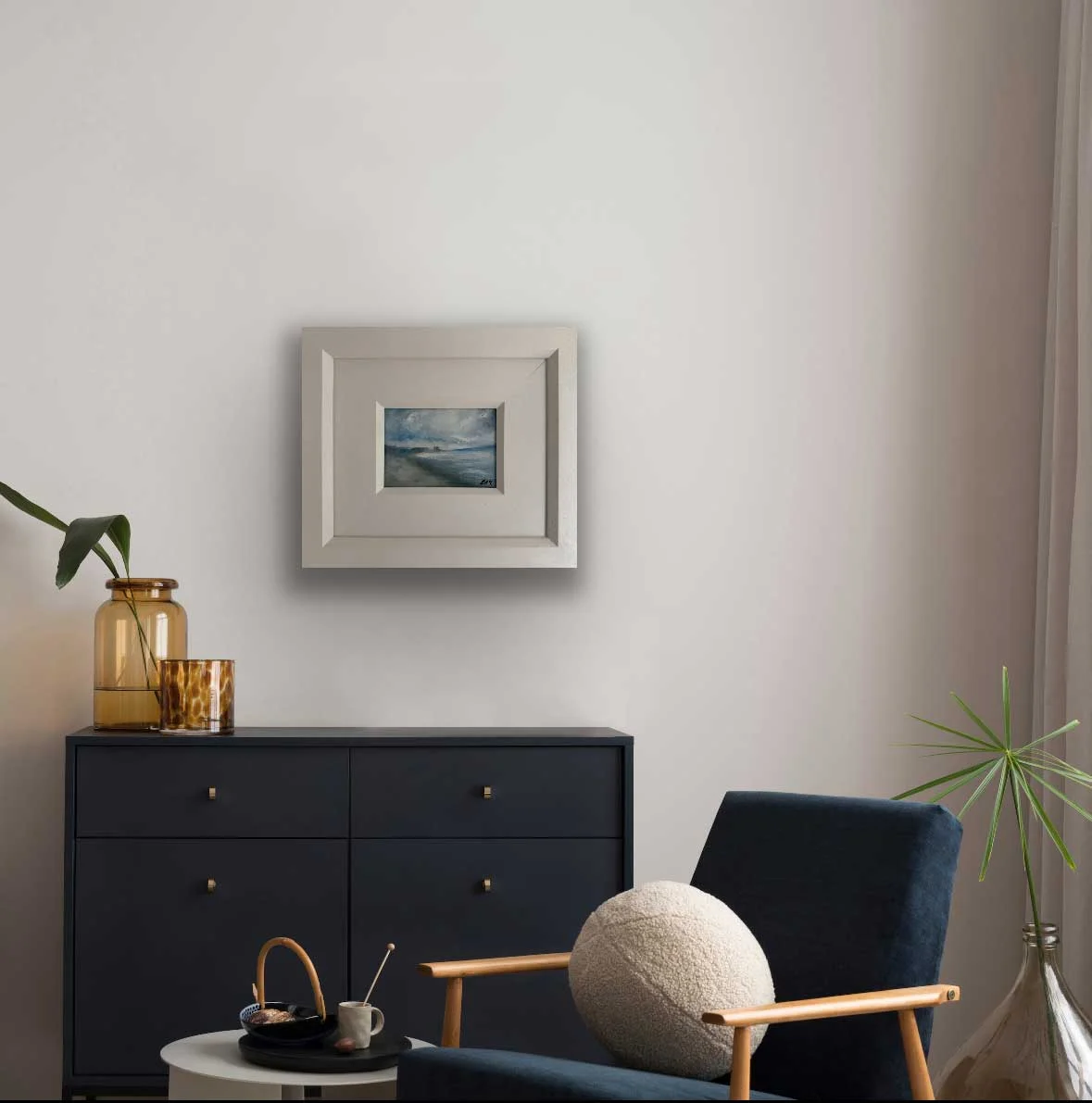 A Soft Day North Dublin - Original Seascape Painting shown with dark decor - Painting by Irish artist Emily McCormack