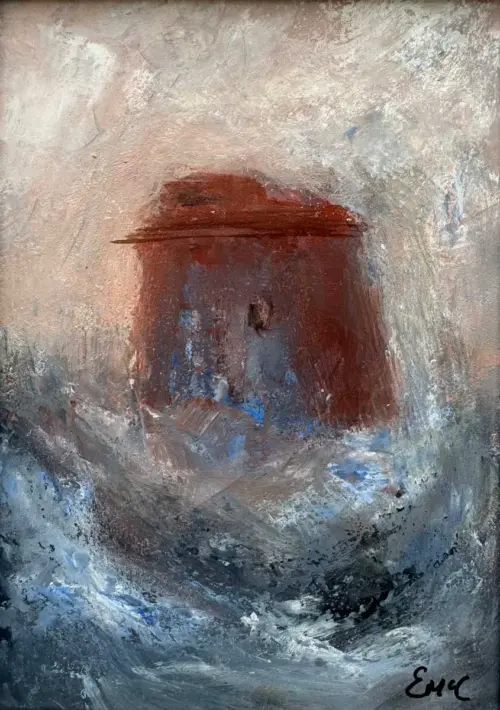 Waves Martello Tower in North Co. Dublin - seascape painting - affordable art - Painting by Irish artist Emily McCormack
