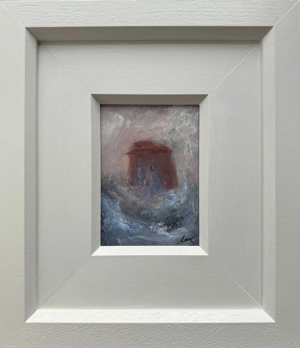 Waves Martello Tower in North Co. Dublin - seascape painting in frame - Painting by Irish artist Emily McCormack