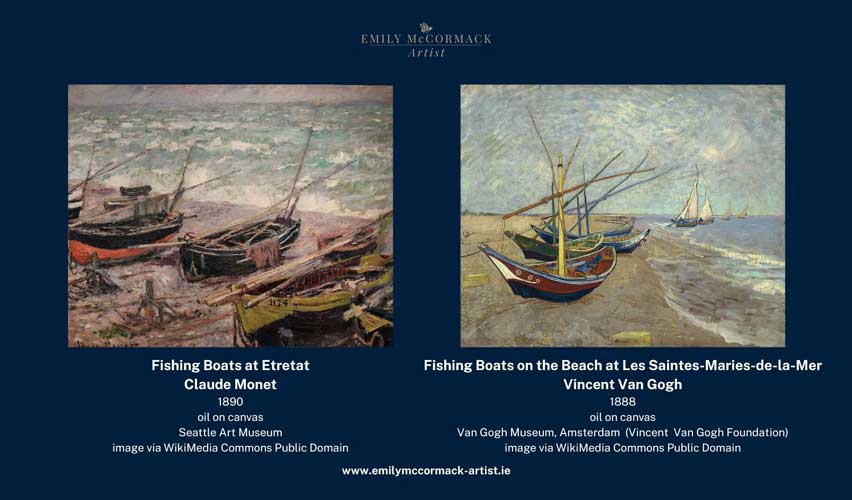Fishing Boats at Etretat (Claude Monet) – Fishing Boats on the Beach – Les Saintes Maries-de-la-Mer (Vincent Van Gogh) Fishing Boats at Etretat (Claude Monet) - Fishing Boats on the Beach - Les Saintes Maries-de-la-Mer (Vincent Van Gogh)