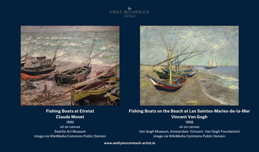 Fishing Boats at Etretat (Claude Monet) - Fishing Boats on the Beach - Les Saintes Maries-de-la-Mer (Vincent Van Gogh)