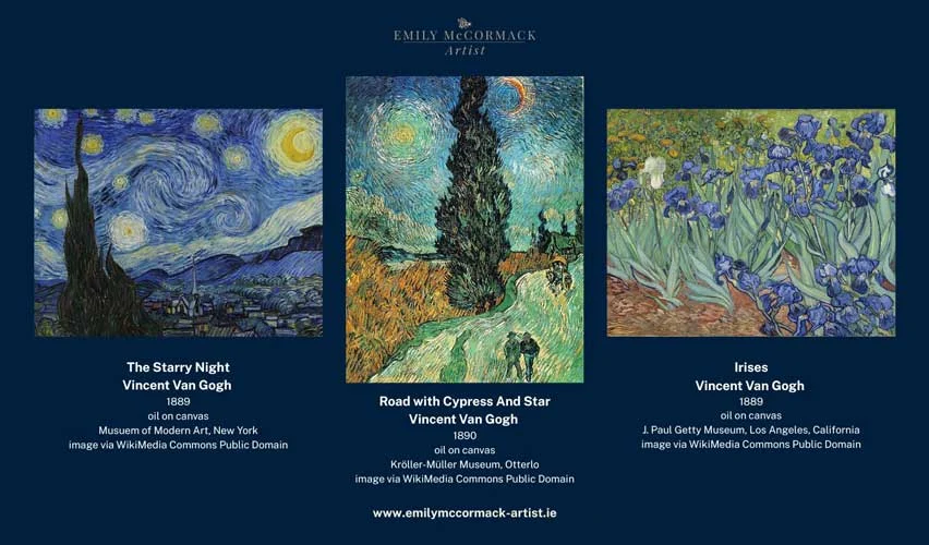 The Starry Night - Road with Cypress and star - Irises - Vincent Van Gogh