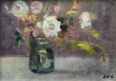 Summer Roses in Vintage Light - Floral oil painting - Painting by Irish artist Emily McCormack