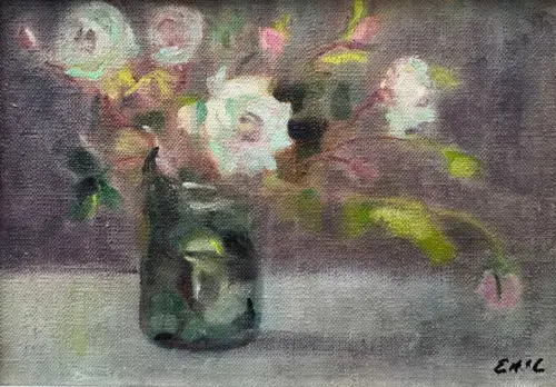 Summer Roses in Vintage Light - Floral oil painting - Painting by Irish artist Emily McCormack