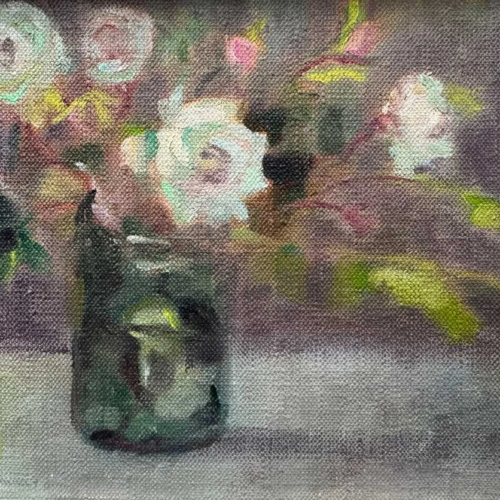 Summer Roses in Vintage Light - Floral oil painting - Painting by Irish artist Emily McCormack