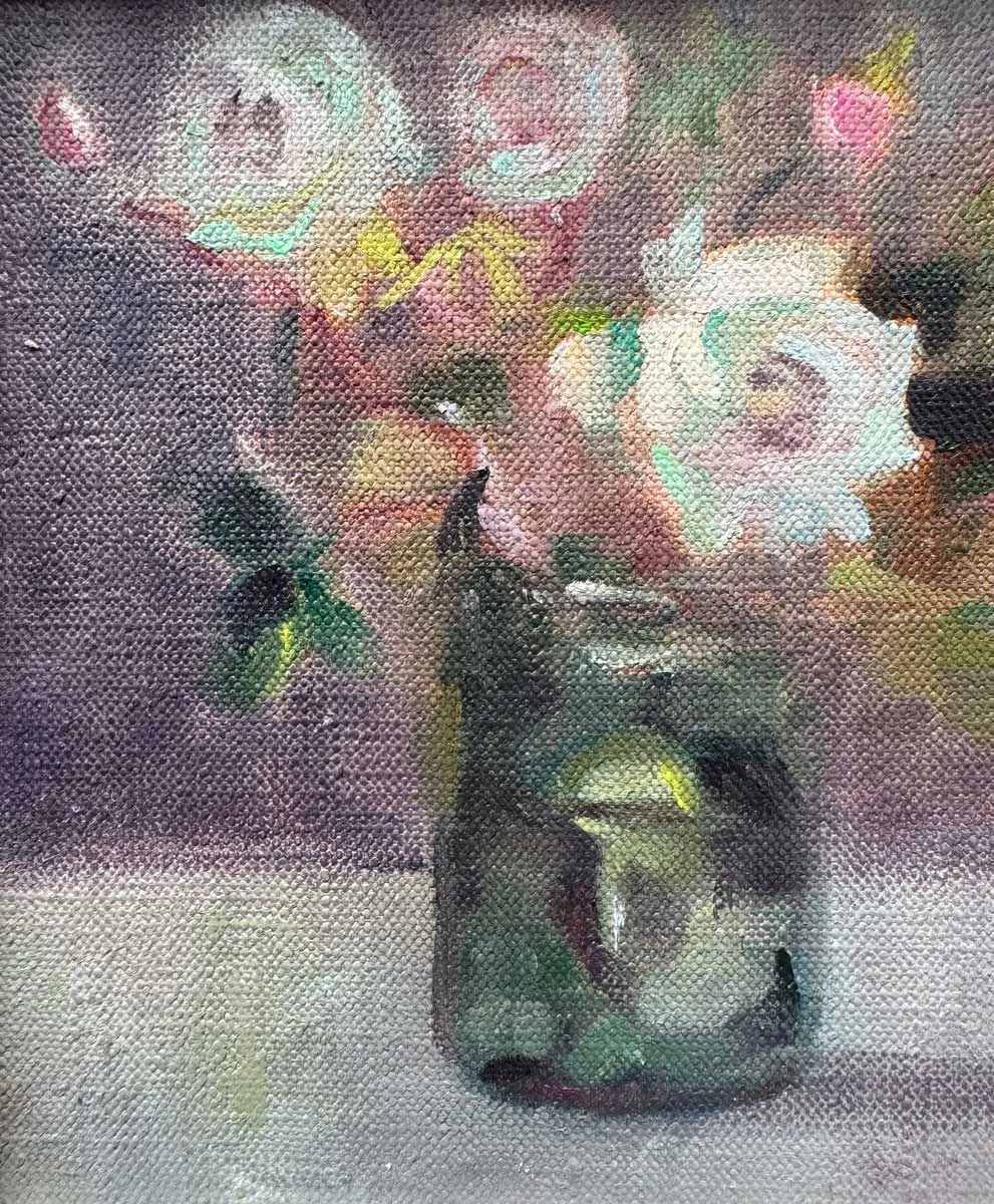 Summer Roses in Vintage Light - Floral Oil Painting - Painting by Irish artist Emily McCormack
