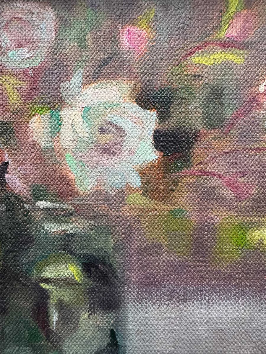 Summer Roses in Vintage Light - Floral Oil Painting - Painting by Irish artist Emily McCormack