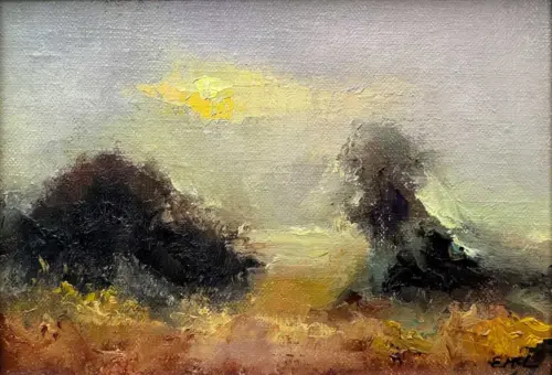 Sunrise over the Hawthorn Trees – Hill of Tara. Original Oil Painting - Painting by Irish artist Emily McCormack