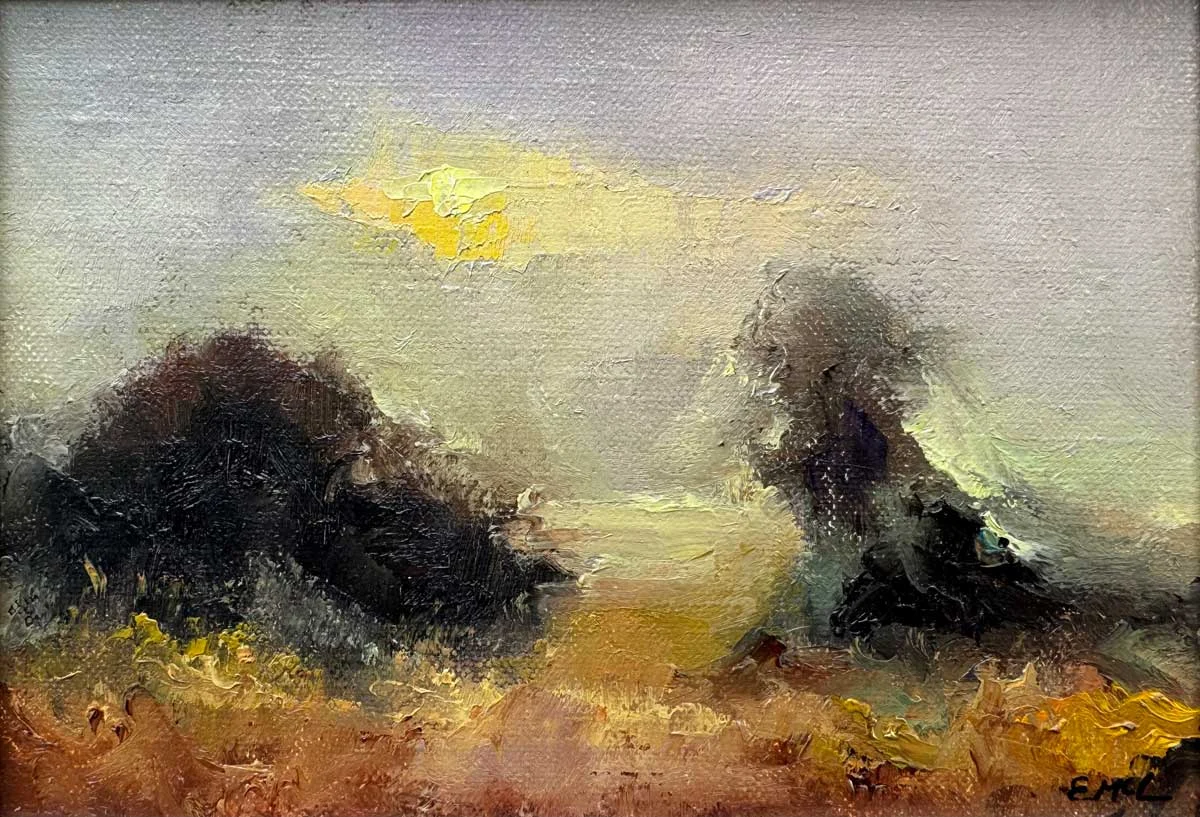 Sunrise over the Hawthorn Trees – Hill of Tara. Original Oil Painting - Painting by Irish artist Emily McCormack