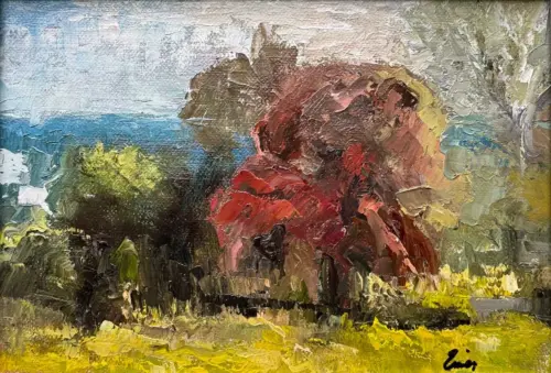 The Great Red Hawthorn - Tara's Fallen Sentinel - Original Landscape Oil Painting - Painting by Irish artist Emily McCormack