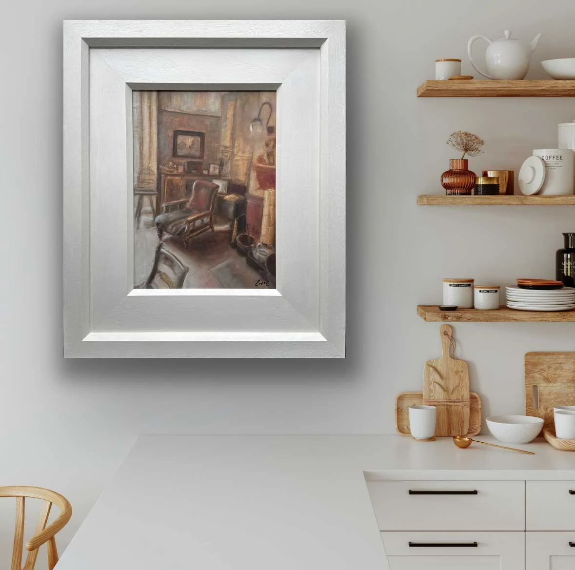 memories of that favourite old chair - original still life oil painting - Painting by Irish artist Emily McCormack