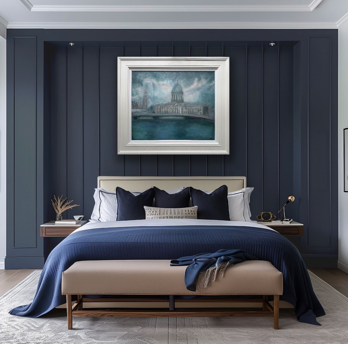 Custom House Dublin - Cityscape painting by Emily McCormack shown in blue bedroom