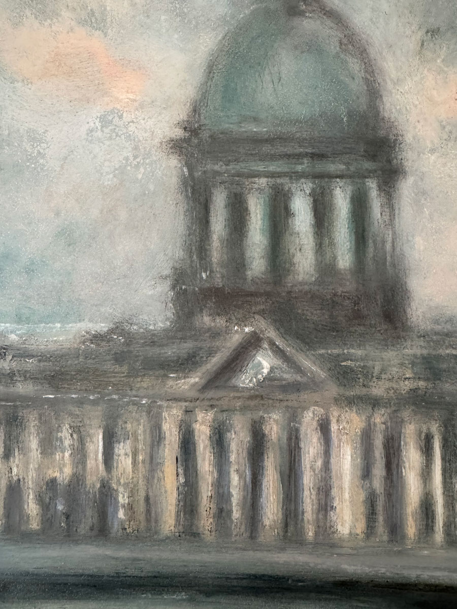 Custom House Dublin - Cityscape painting by Emily McCormack shown in frame Close Up